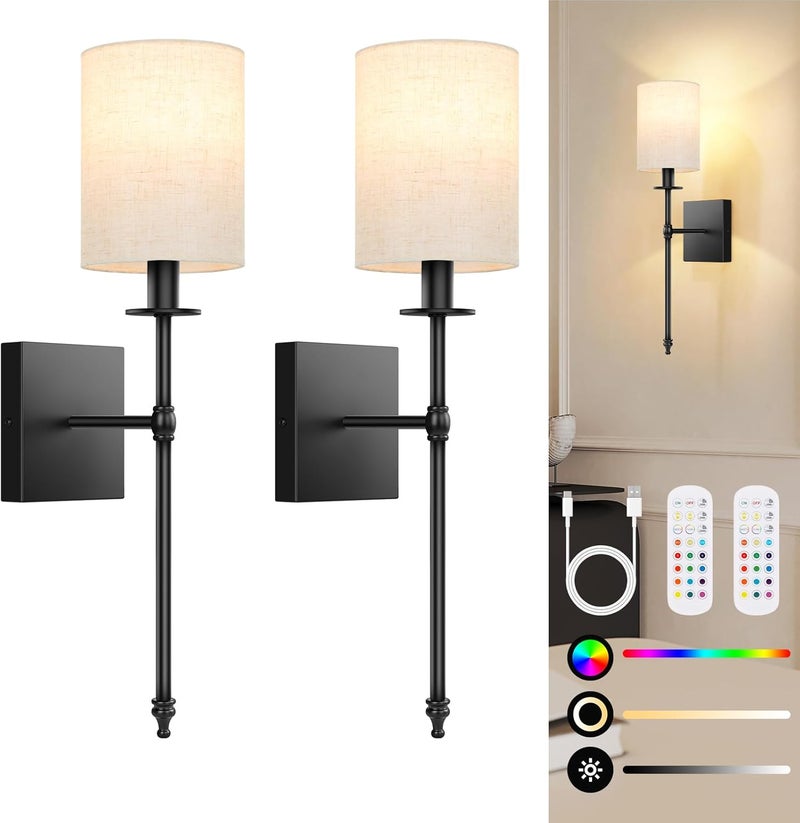Bosceos 19.9 Inch Black Battery Operated Wall Sconces Set of 2, Rechargeable Wireless Wall Lights with Remote & White Fabric Shade, Indoor Not Hardwired Dimmable Wall Lamps for Living Room, 2 Bulbs Included - Image 1